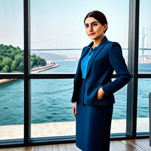 **

"A professional Turkish woman in a modest, stylish business outfit, standing in a modern office in Istanbul with the Bosphorus in the background, fully clothed, appropriate attire, safe for work, perfect anatomy, natural proportions, professional photography, high quality."

**